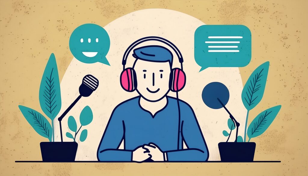 illustration d'un personnage au micro d'un podcast pour entrepreneurs normands